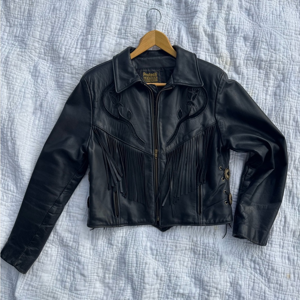 Protech vintage leather fringe jacket, black western Moto biker made in USA - Picture 7 of 8